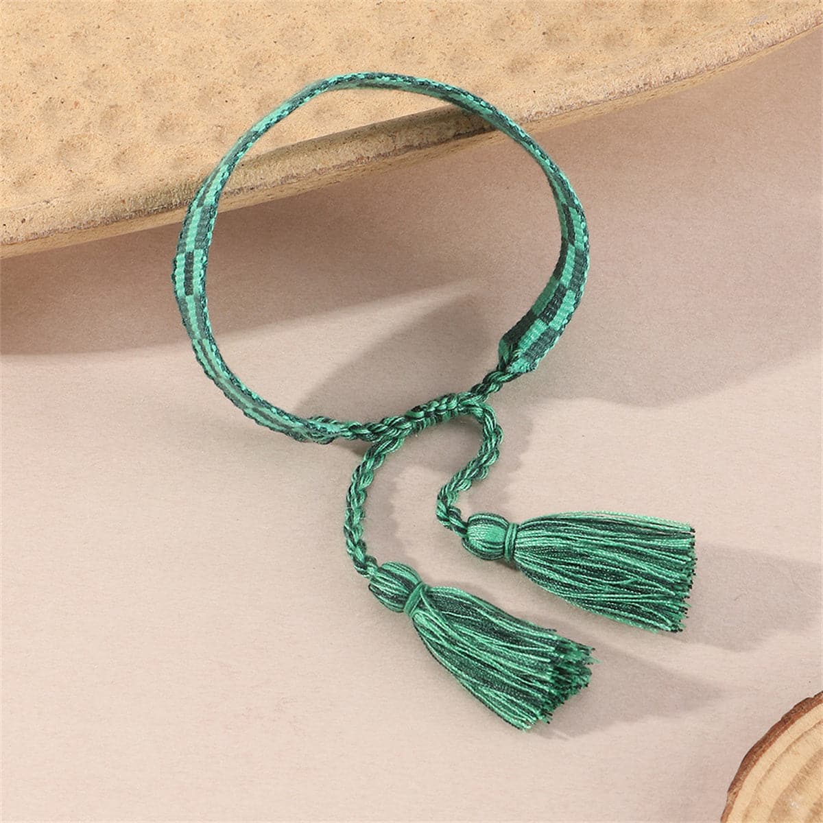 Green Check Cord Bracelet, bracelet for women, botanical inspired, front view
