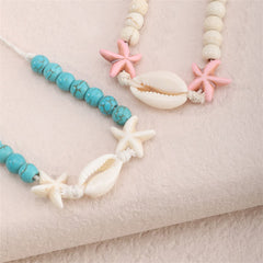 Turquoise & Cowrie Shell Beaded Starfish Adjustable Bracelet Set