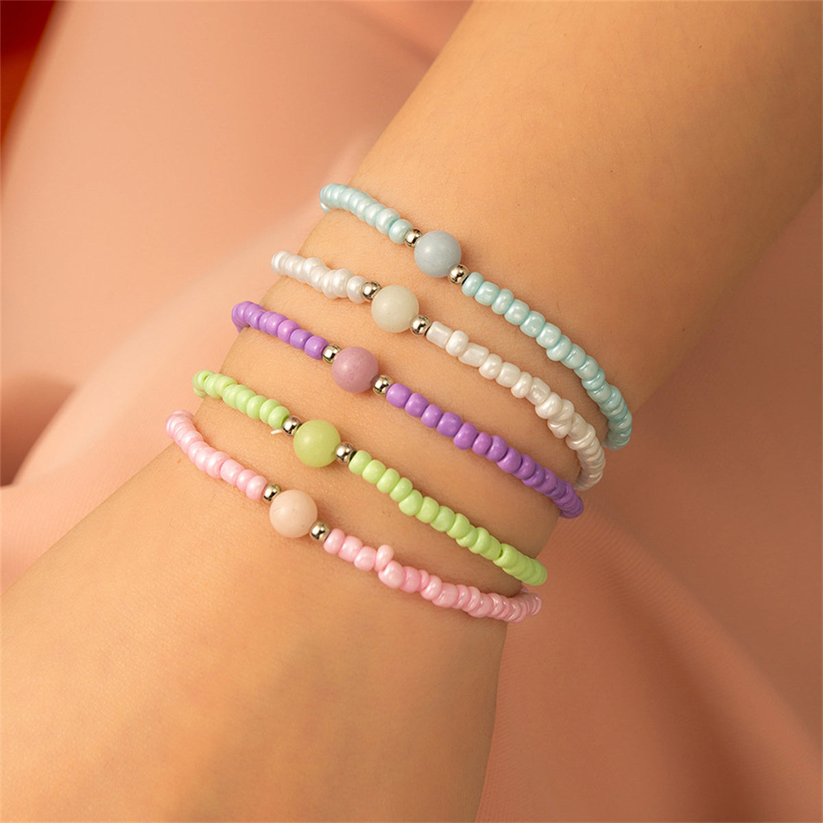 Pink and Mint Beaded Stretch Bracelet Set, bracelet for women, everyday style, front view