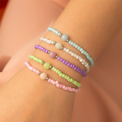 Pink and Mint Beaded Stretch Bracelet Set, bracelet for women, everyday style, front view