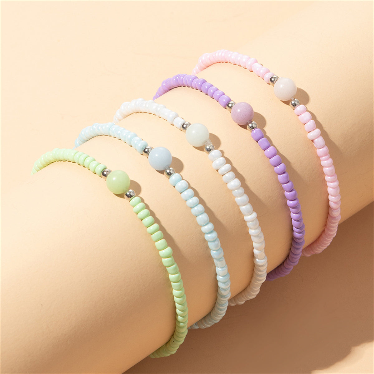 Pink and Mint Beaded Stretch Bracelet Set, bracelet for women, everyday style, detail close-up