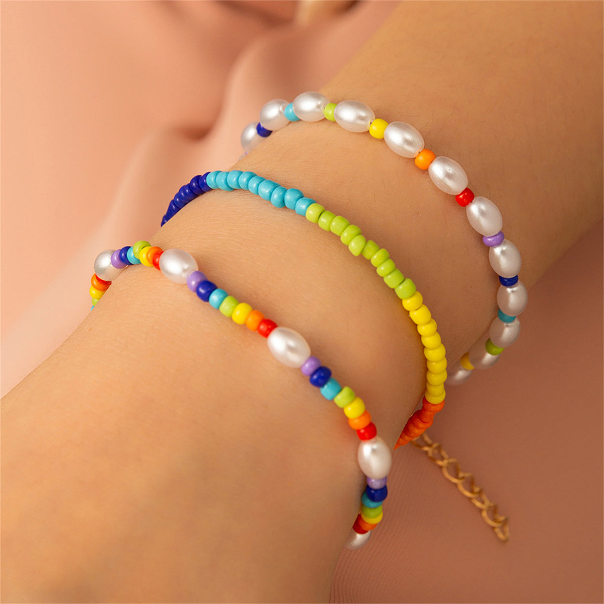 Pearl and Yellow Multicolor Beaded Bracelet Set, bracelet for women, everyday style, front view