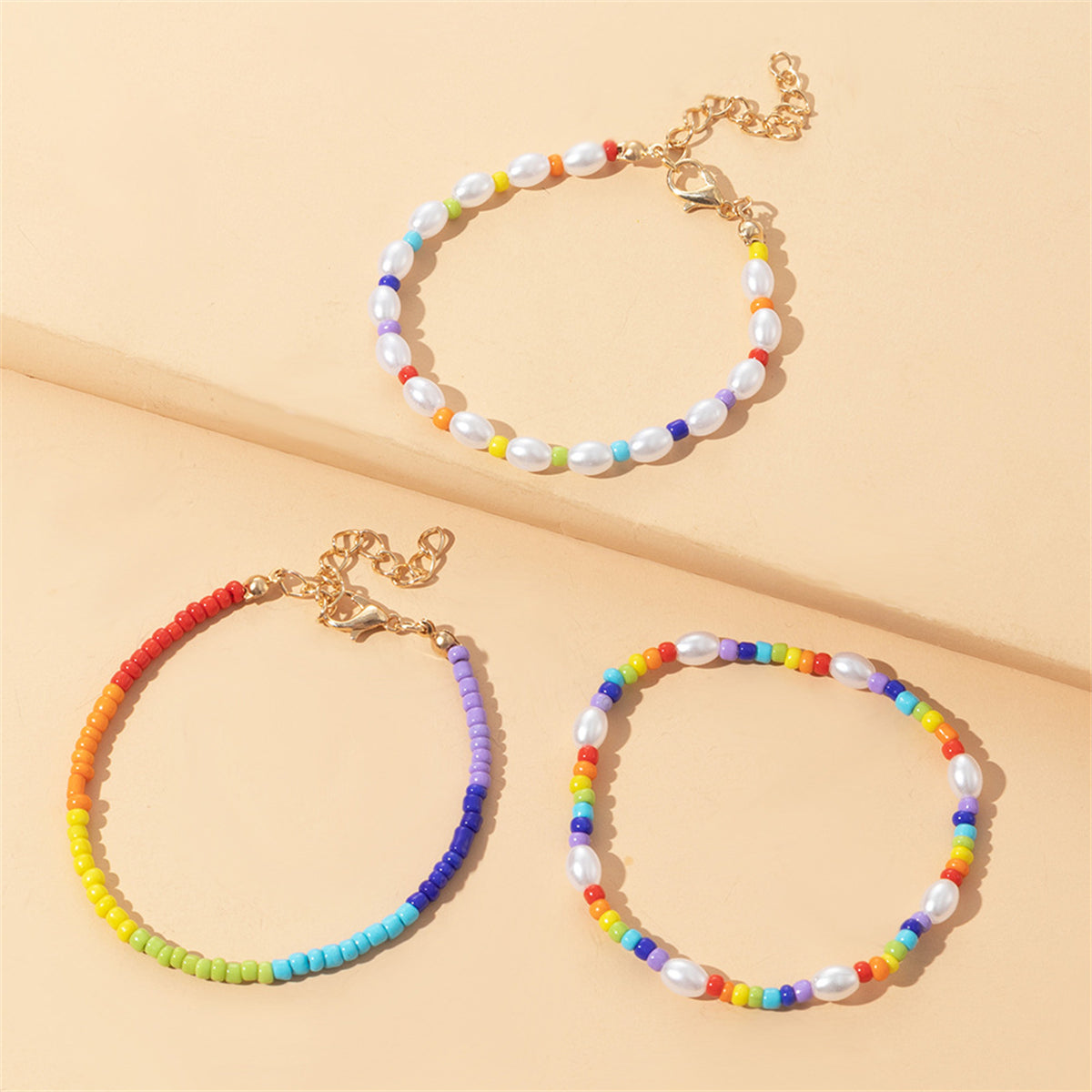 Pearl and Yellow Multicolor Beaded Bracelet Set, bracelet for women, everyday style, side view