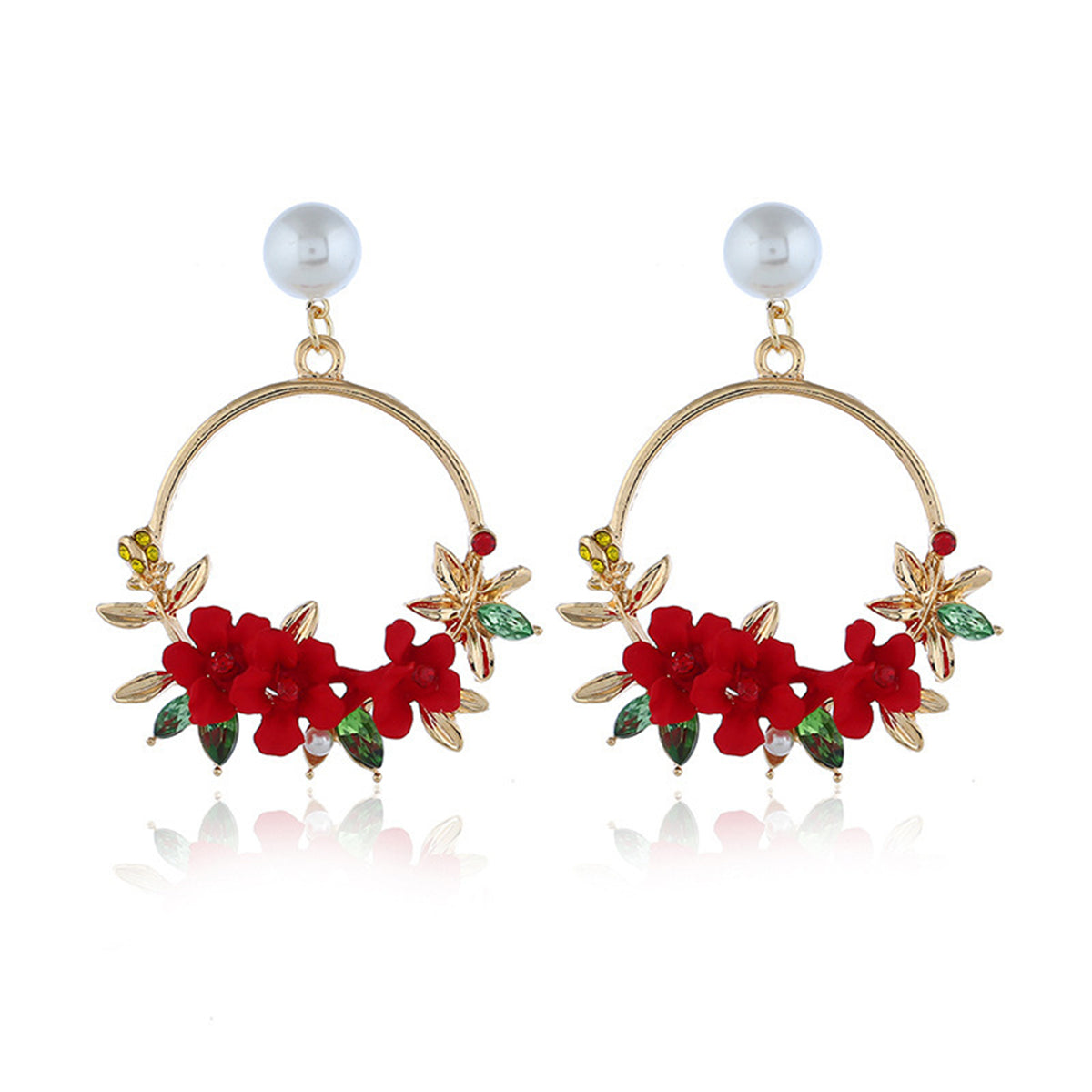 Pearl and Cubic Zirconia Red Resin Floral Wreath Drop Earrings, drop earrings for women, botanical inspired, front view