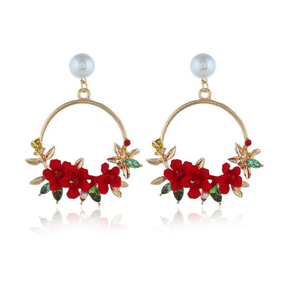 Pearl and Cubic Zirconia Red Resin Floral Wreath Drop Earrings, drop earrings for women, botanical inspired, front view