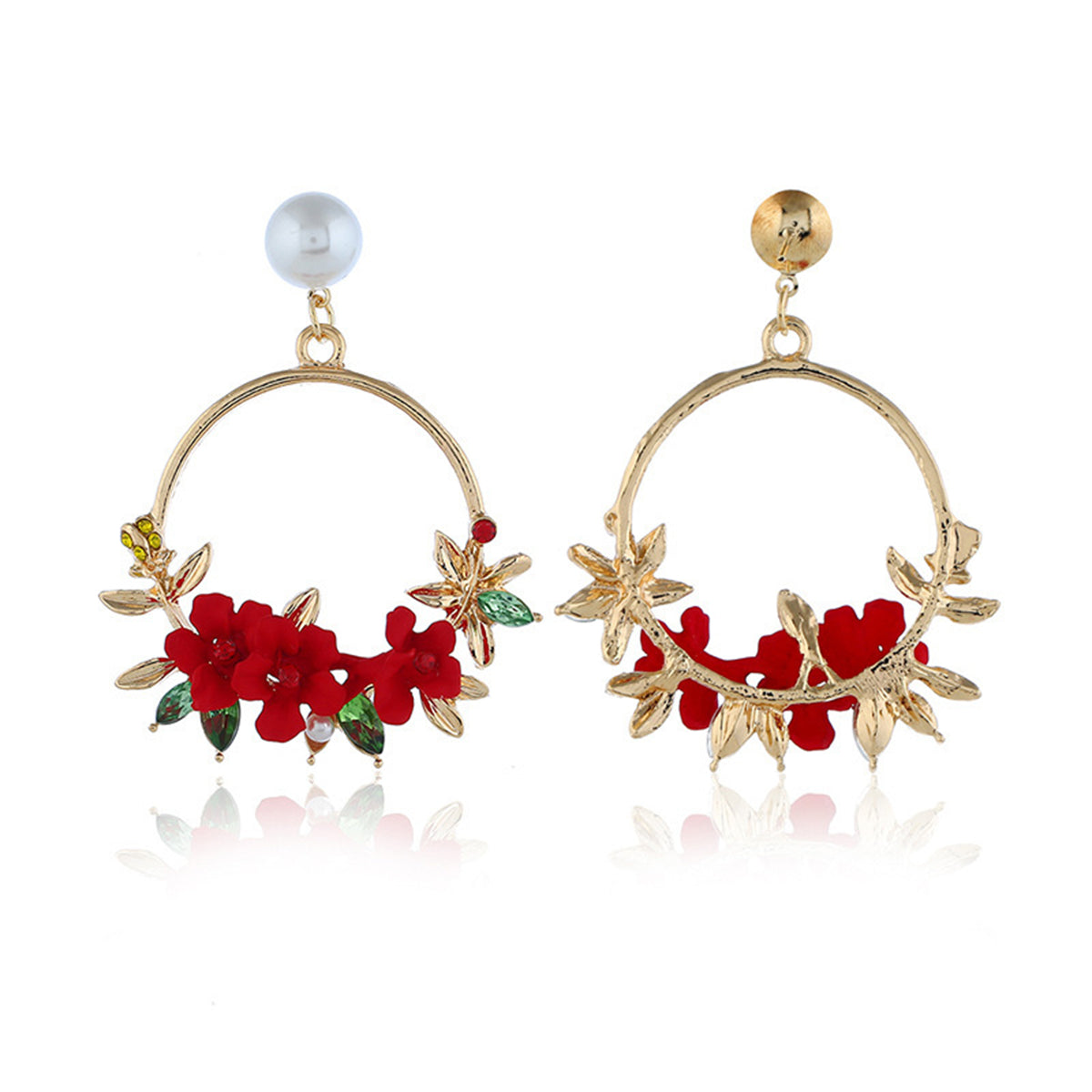 Pearl and Cubic Zirconia Red Resin Floral Wreath Drop Earrings, drop earrings for women, botanical inspired, side view
