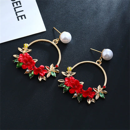 Pearl and Cubic Zirconia Red Resin Floral Wreath Drop Earrings, drop earrings for women, botanical inspired, lifestyle look
