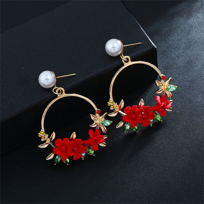 Pearl and Cubic Zirconia Red Resin Floral Wreath Drop Earrings, drop earrings for women, botanical inspired, detail close-up