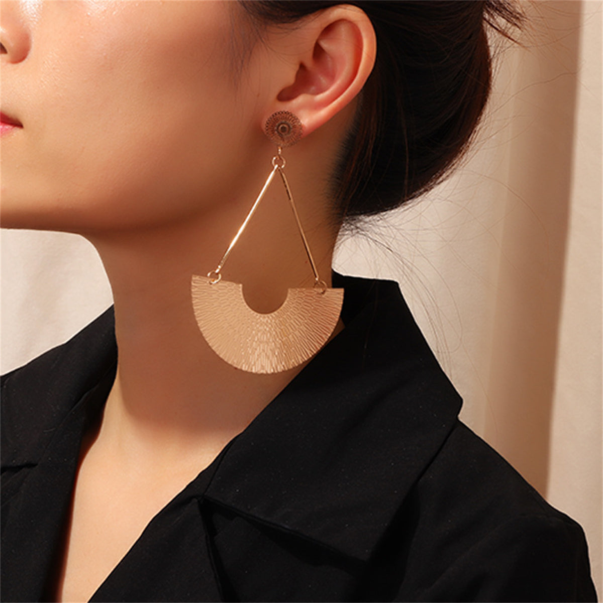 18K Gold-Plated Fan Drop Earrings, gold drop earrings for women, vintage-inspired design, lifestyle look