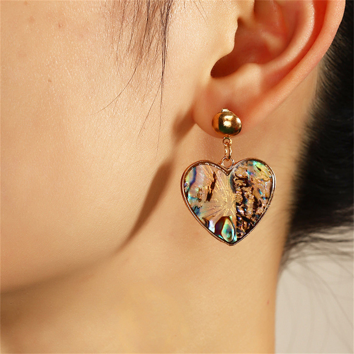 Abalone Shell and 18K Gold-Plated Heart Drop Earrings, gold drop earrings for women, vintage-inspired design, front view