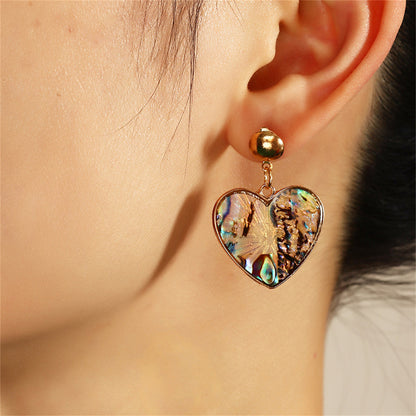 Abalone Shell and 18K Gold-Plated Heart Drop Earrings, gold drop earrings for women, vintage-inspired design, front view