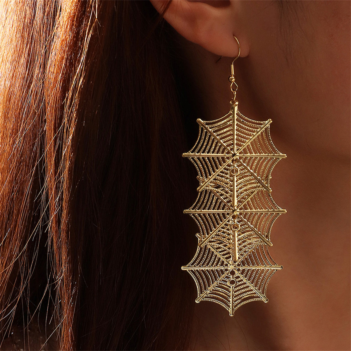 18K Gold-Plated Linked Cobweb Drop Earrings, gold drop earrings for women, everyday style, front view