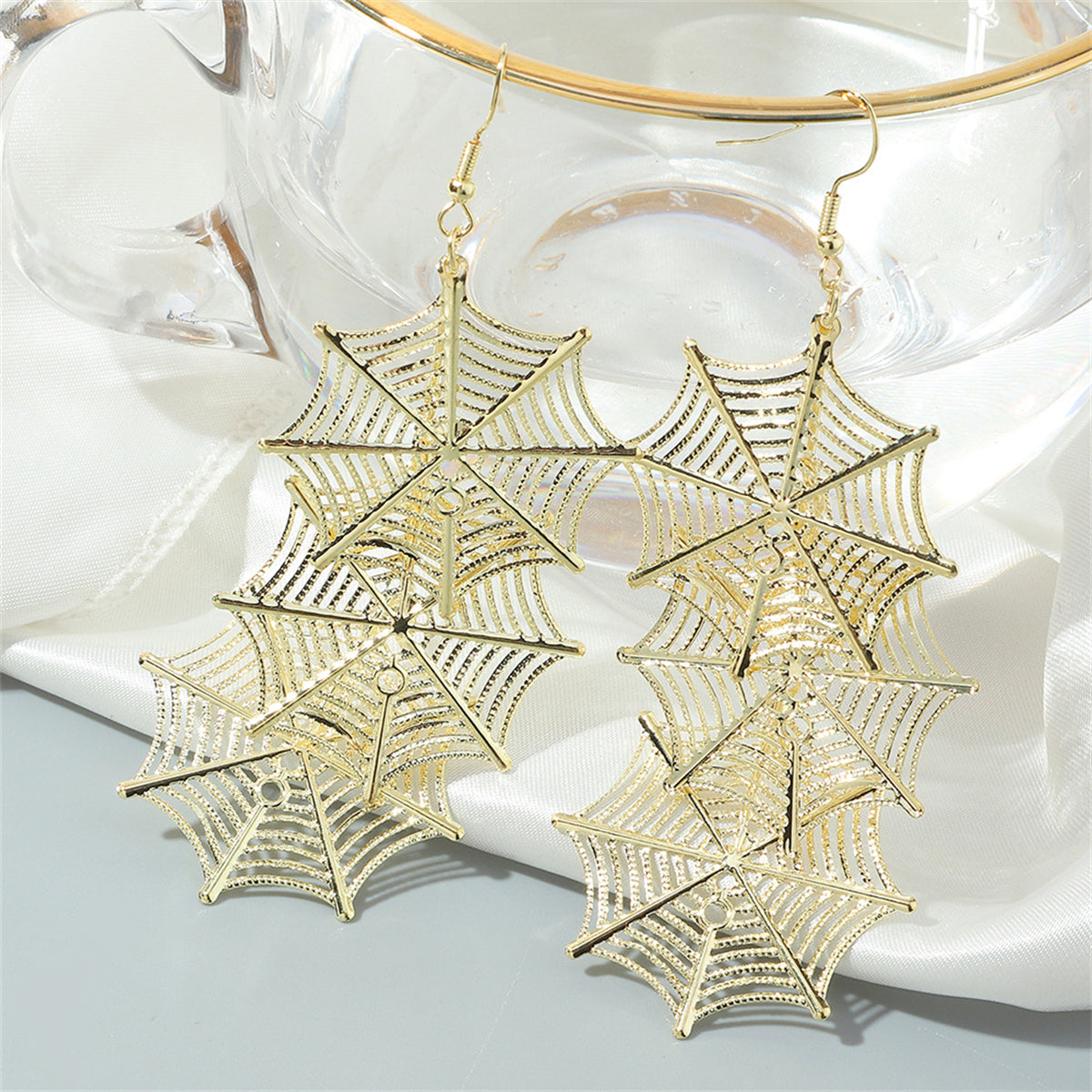 18K Gold-Plated Linked Cobweb Drop Earrings, gold drop earrings for women, everyday style, detail close-up