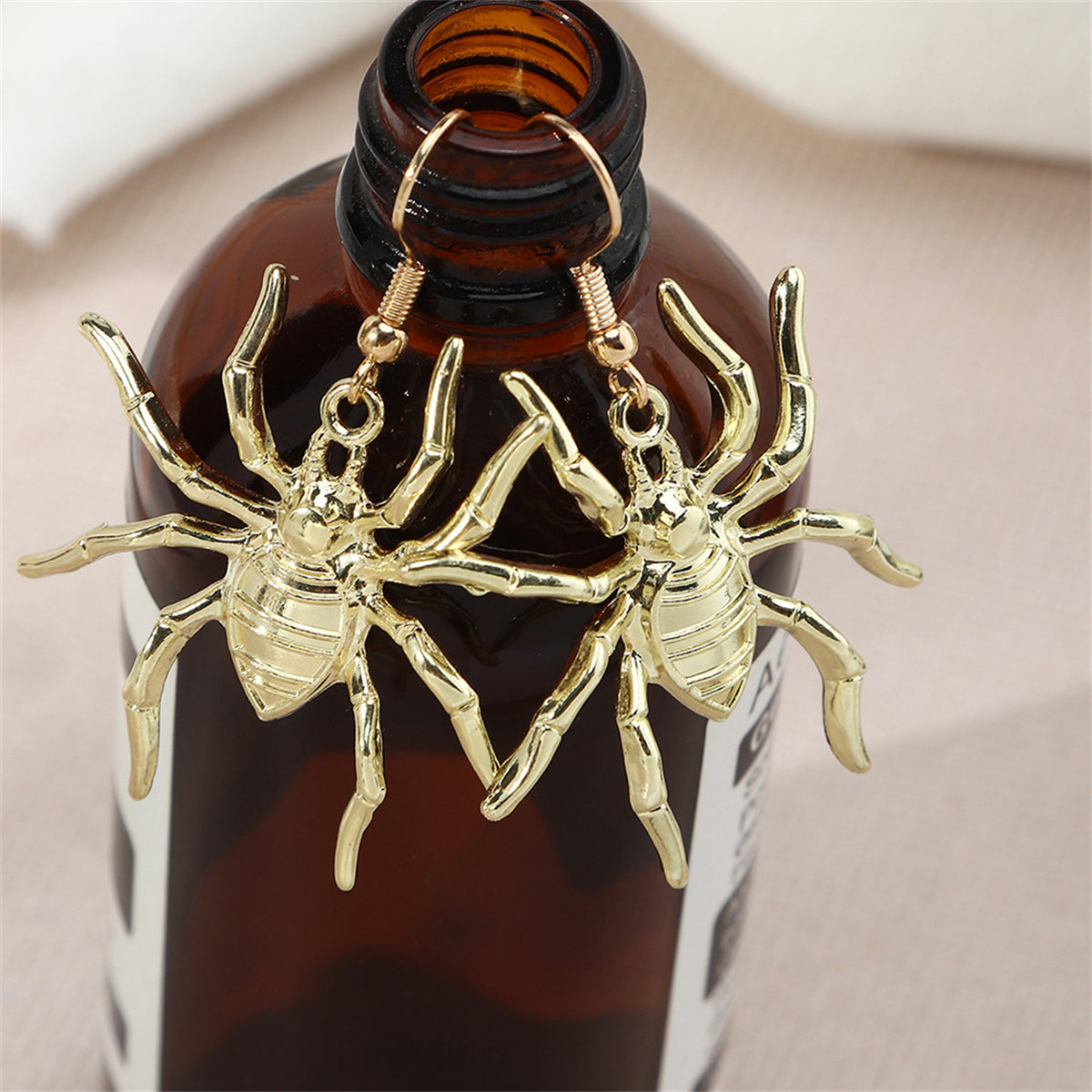 18K Gold-Plated Spider Drop Earrings, gold drop earrings for women, dainty minimalist design, detail close-up