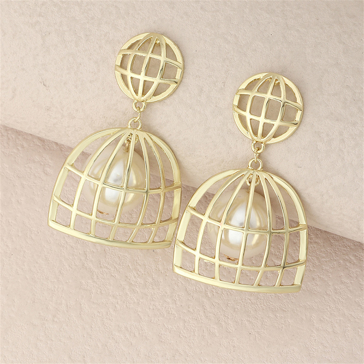 Pearl and 18K Gold-Plated Birdcage Drop Earrings, gold drop earrings for women, elegant gift for her, side view