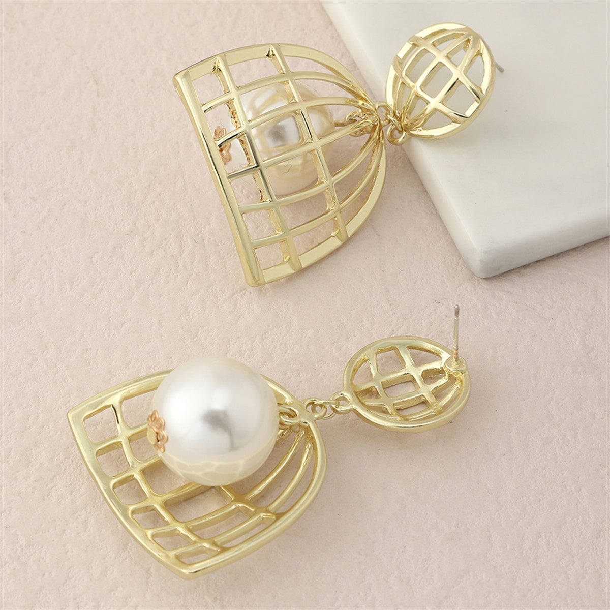 Pearl and 18K Gold-Plated Birdcage Drop Earrings, gold drop earrings for women, elegant gift for her, lifestyle look