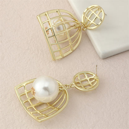 Pearl and 18K Gold-Plated Birdcage Drop Earrings, gold drop earrings for women, elegant gift for her, lifestyle look