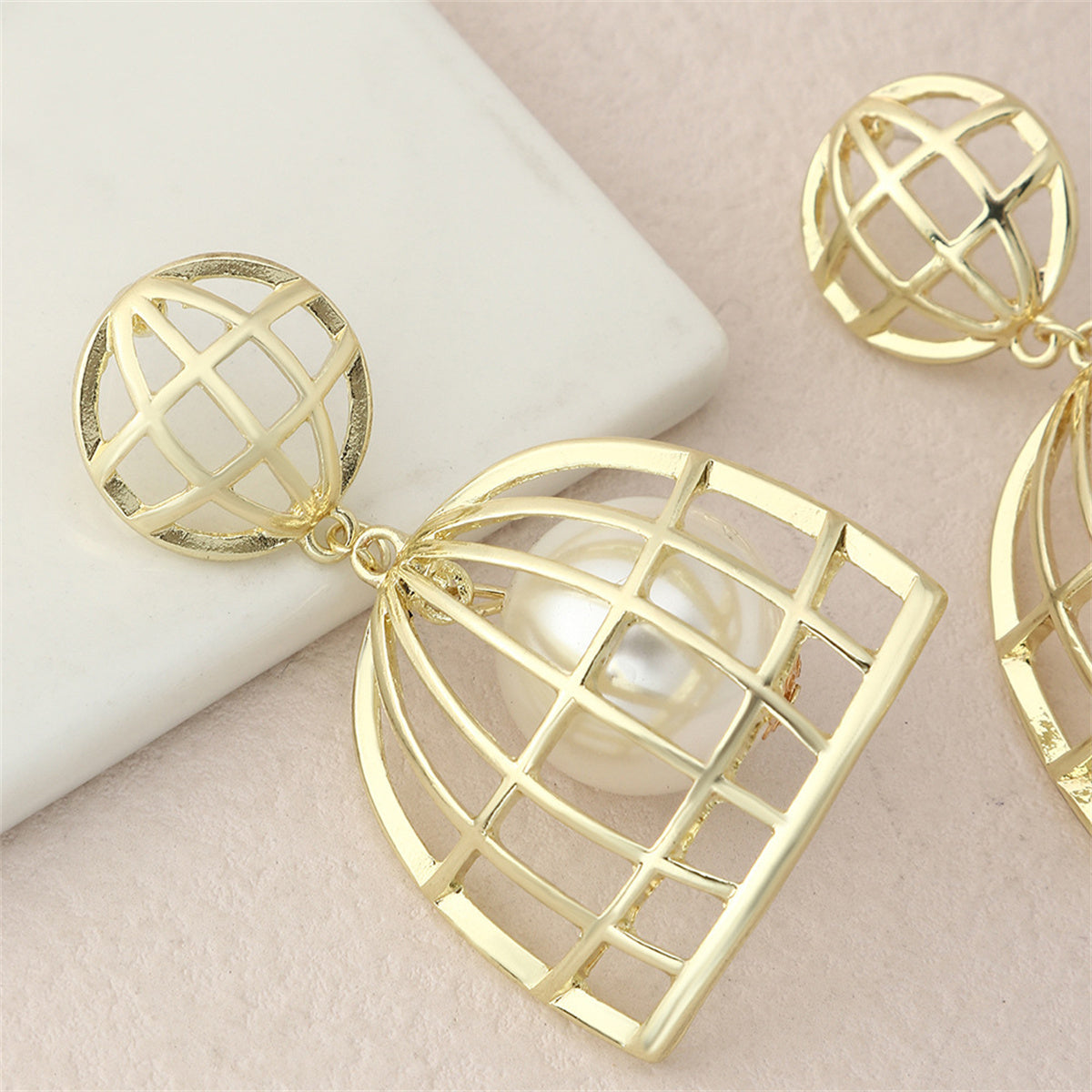 Pearl and 18K Gold-Plated Birdcage Drop Earrings, gold drop earrings for women, elegant gift for her, styled look