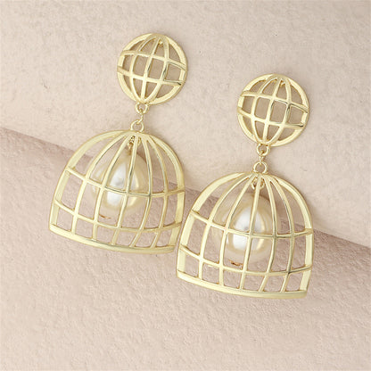 Pearl and 18K Gold-Plated Birdcage Drop Earrings, gold drop earrings for women, elegant gift for her, front view