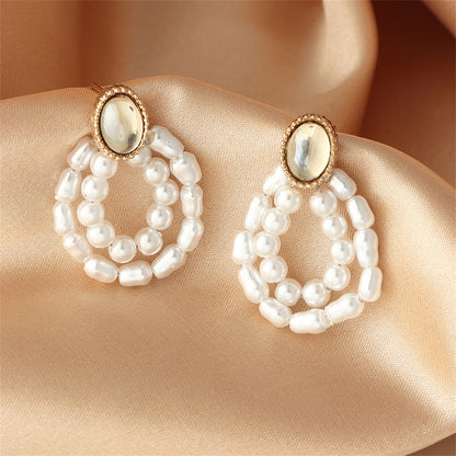 Pearl and Moonstone 18K Gold-Plated Oval Double-Circle Drop Earrings, gold drop earrings for women, detail close-up