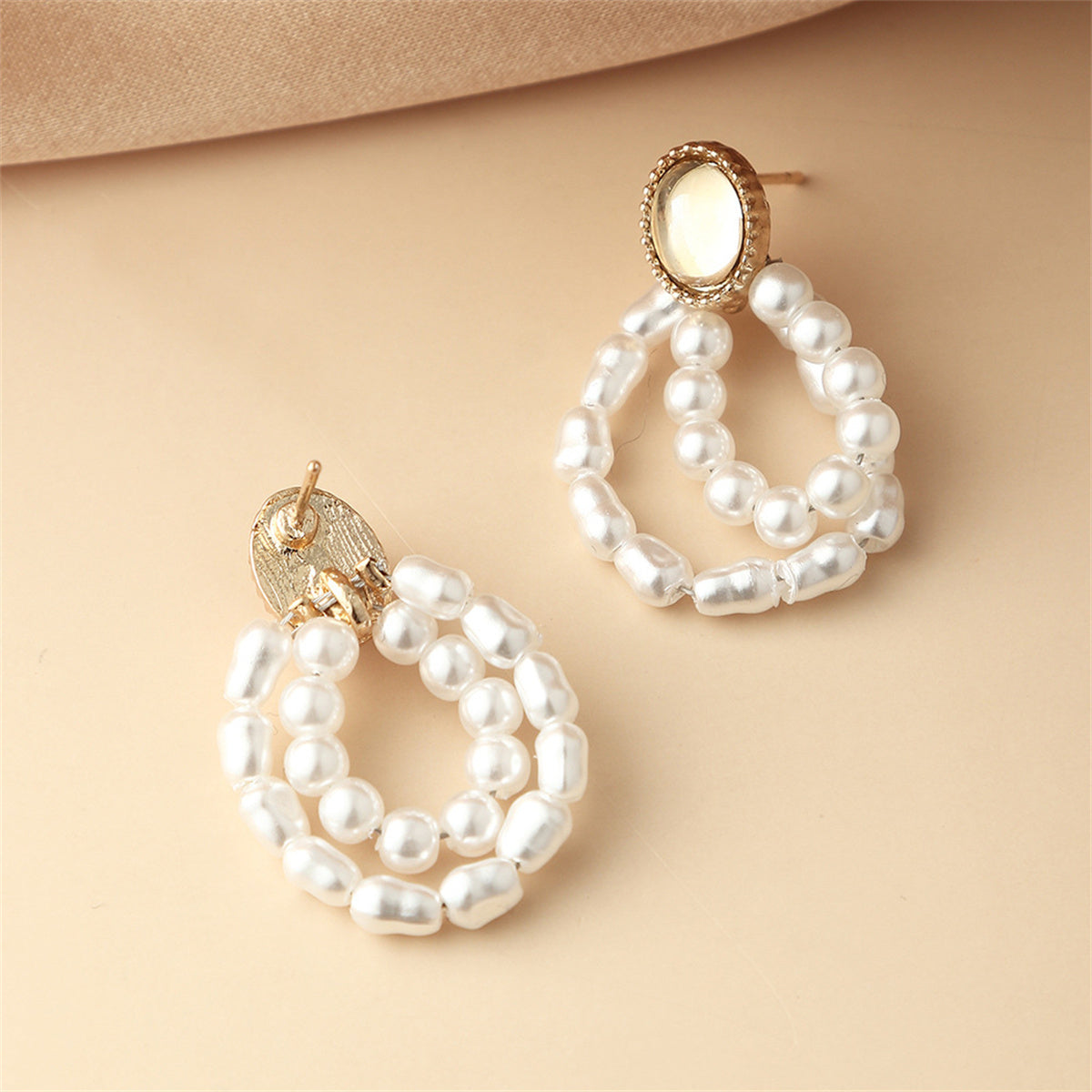 Pearl and Moonstone 18K Gold-Plated Oval Double-Circle Drop Earrings, gold drop earrings for women, lifestyle look