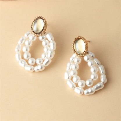 Pearl and Moonstone 18K Gold-Plated Oval Double-Circle Drop Earrings, gold drop earrings for women, side view
