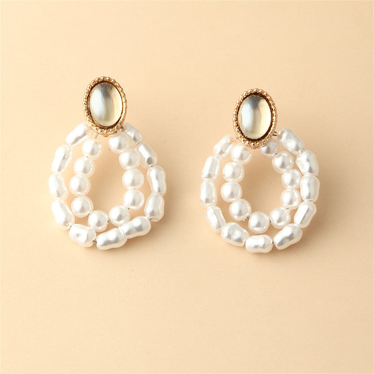 Pearl and Moonstone 18K Gold-Plated Oval Double-Circle Drop Earrings, gold drop earrings for women, front view