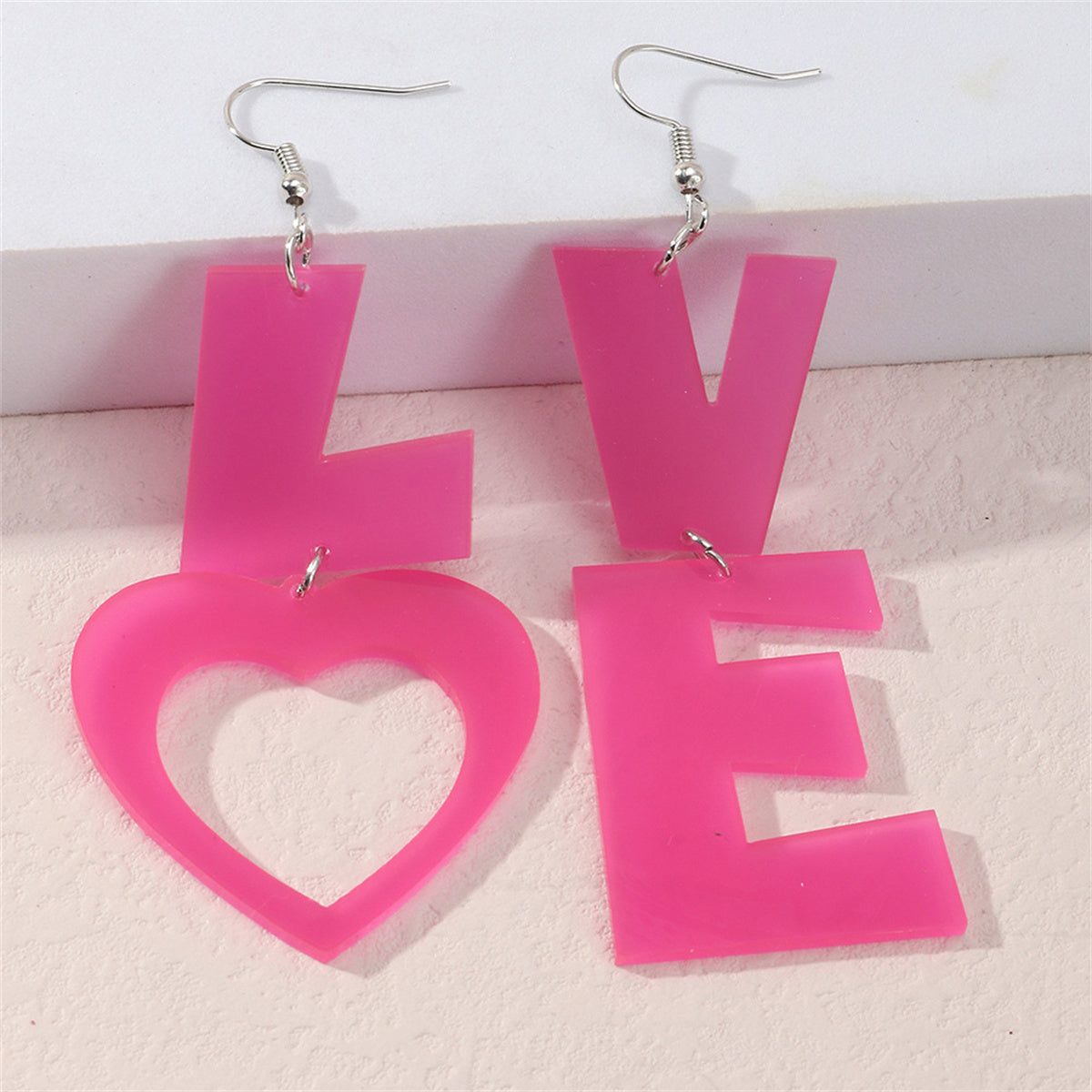 Pink Acrylic and Silver-Plated 'LOVE' Mismatched Drop Earrings, silver drop earrings for women, lifestyle look