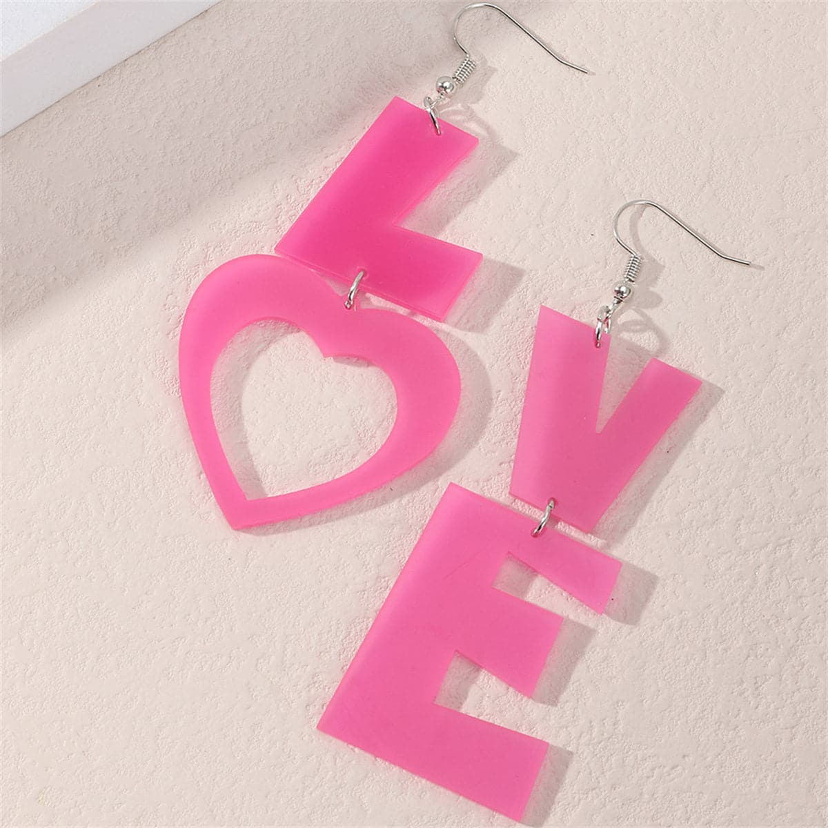 Pink Acrylic and Silver-Plated 'LOVE' Mismatched Drop Earrings, silver drop earrings for women, detail close-up