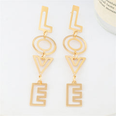 Chic 18K gold-plated openwork drop earrings spelling 'Love', a stylish accessory to celebrate love and elegance.