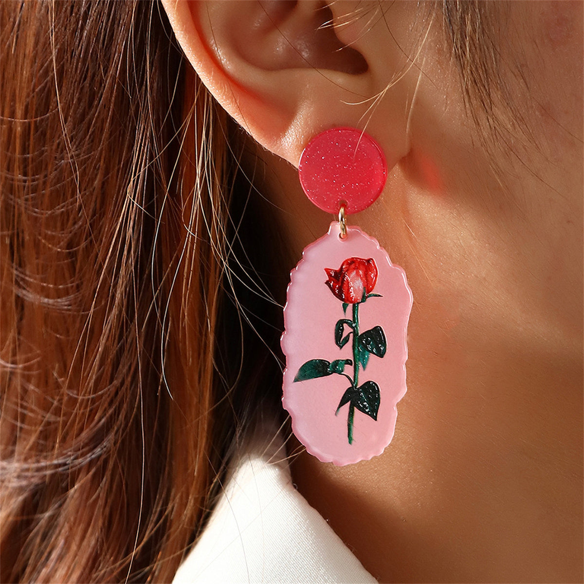 Pink & Green Tiered Glitter Rose Drop Earrings