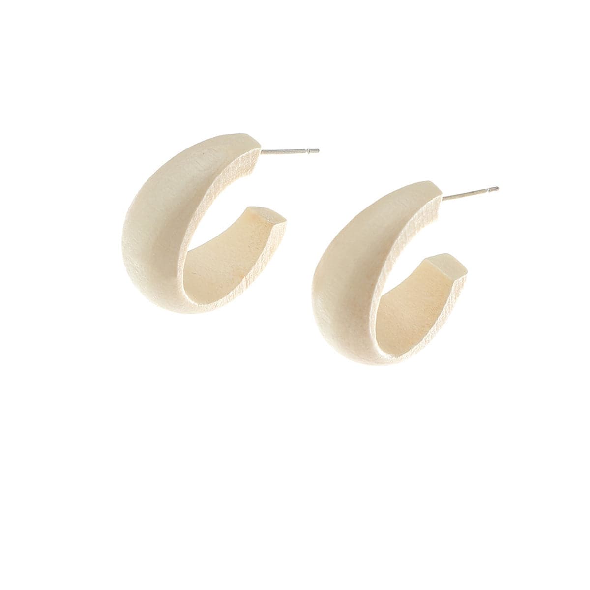 Beige Wood and Silver-Plated Huggie Earrings, silver huggie earrings, dainty minimalist design, side view