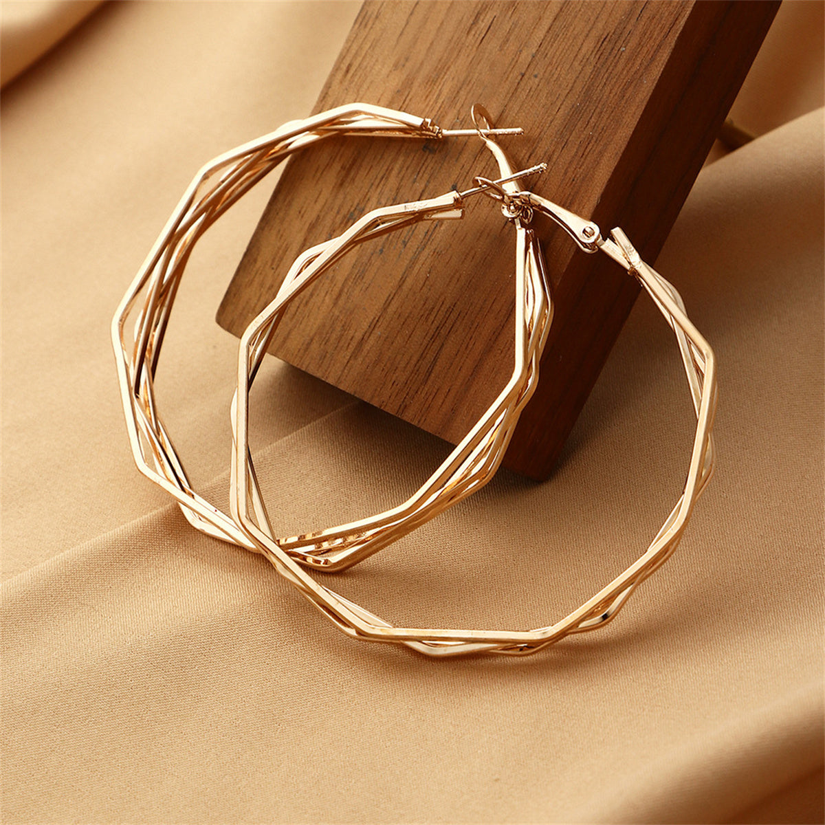 18K Gold-Plated Polygon Layered Hoop Earrings, vintage-inspired design, front view
