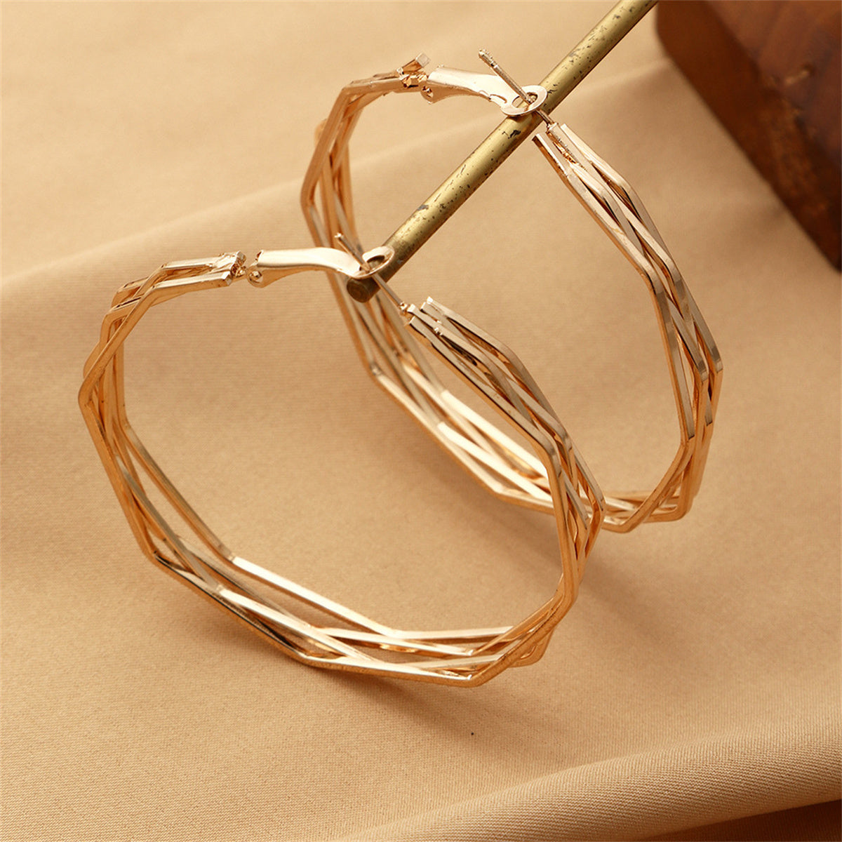 18K Gold-Plated Polygon Layered Hoop Earrings, vintage-inspired design, lifestyle look