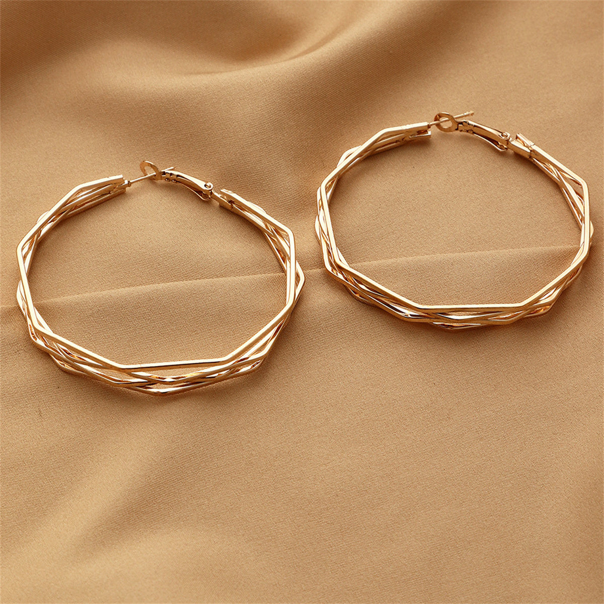 18K Gold-Plated Polygon Layered Hoop Earrings, vintage-inspired design, side view
