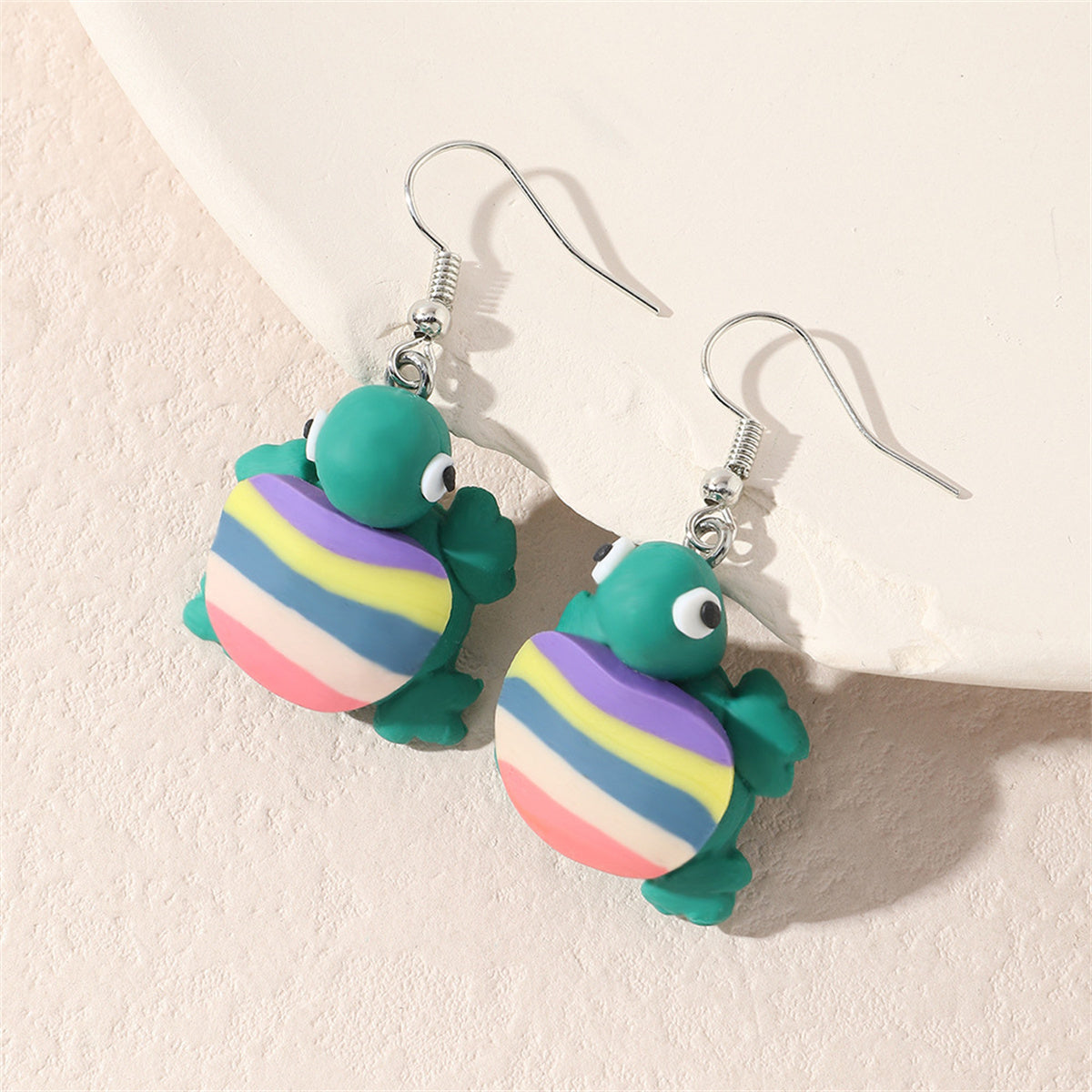 Teal & Pastel Polymer Clay Stripe Turtle Drop Earrings