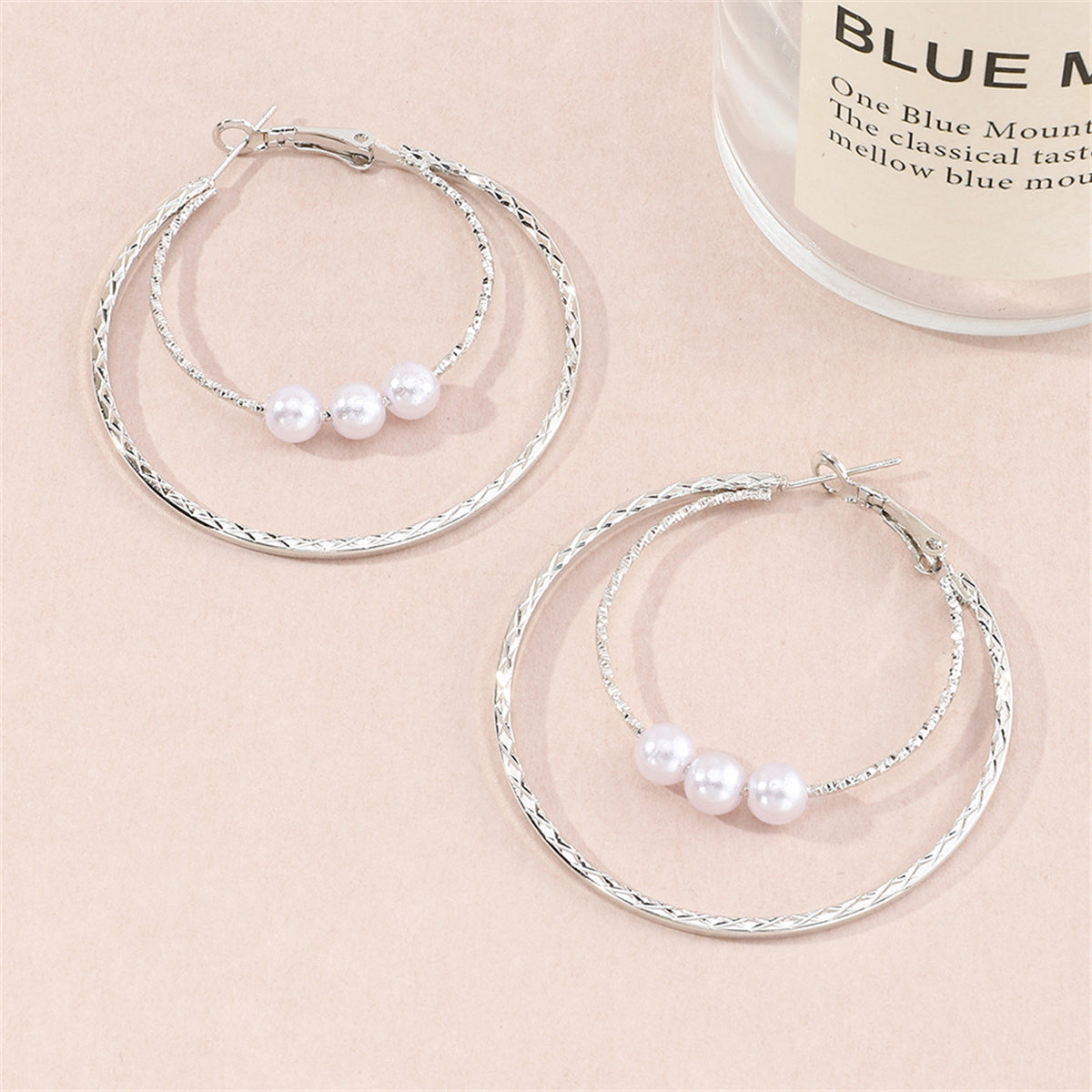 Pearl and Silver-Plated Double Hoop Earrings, botanical inspired, side view