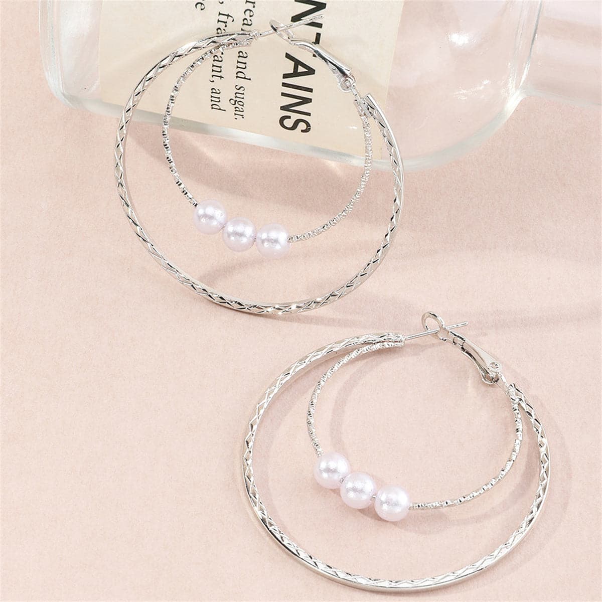 Pearl and Silver-Plated Double Hoop Earrings, botanical inspired, front view