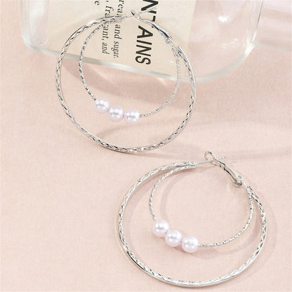 Pearl and Silver-Plated Double Hoop Earrings, botanical inspired, front view