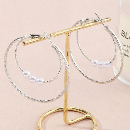 Pearl and Silver-Plated Double Hoop Earrings, botanical inspired, detail close-up