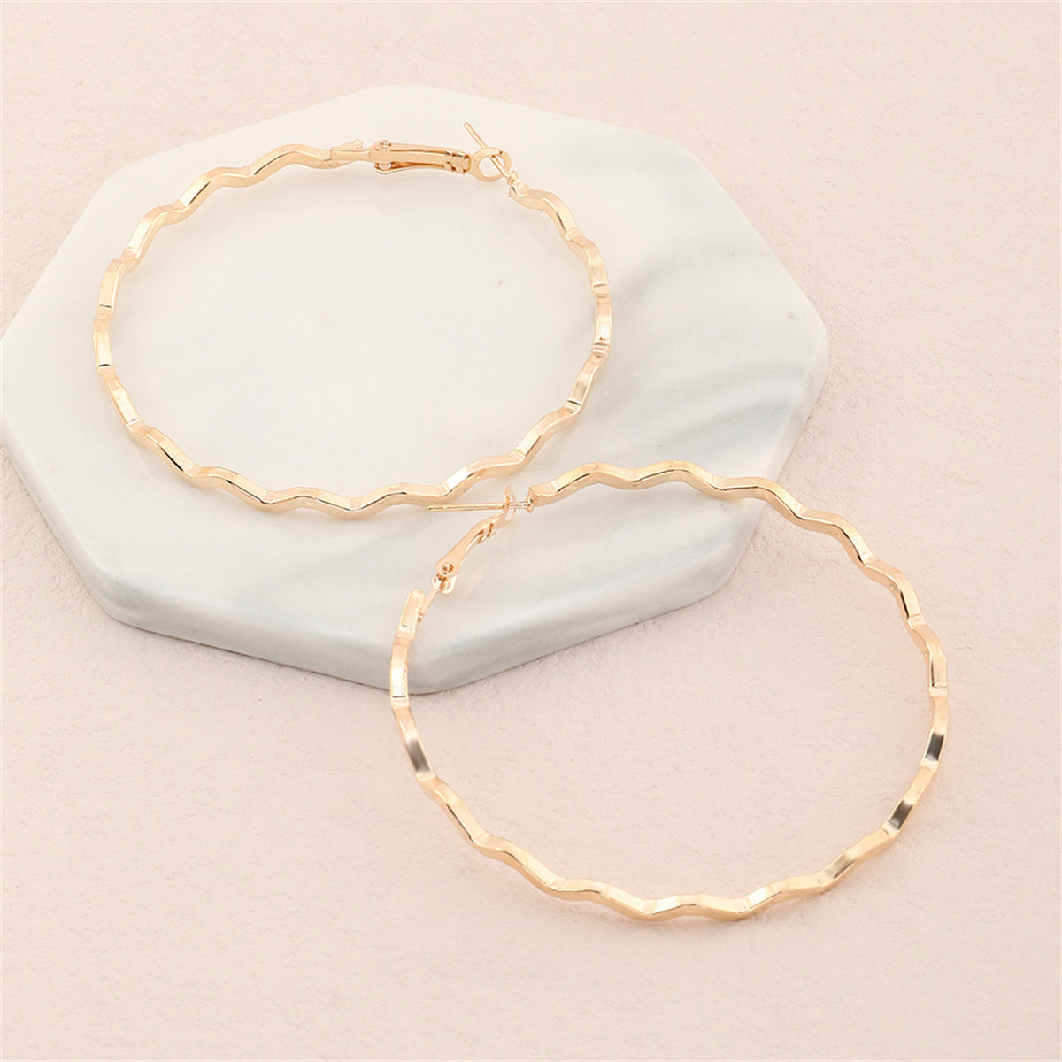 18K Gold-Plated Wavy Hoop Earrings, dainty minimalist design, front view