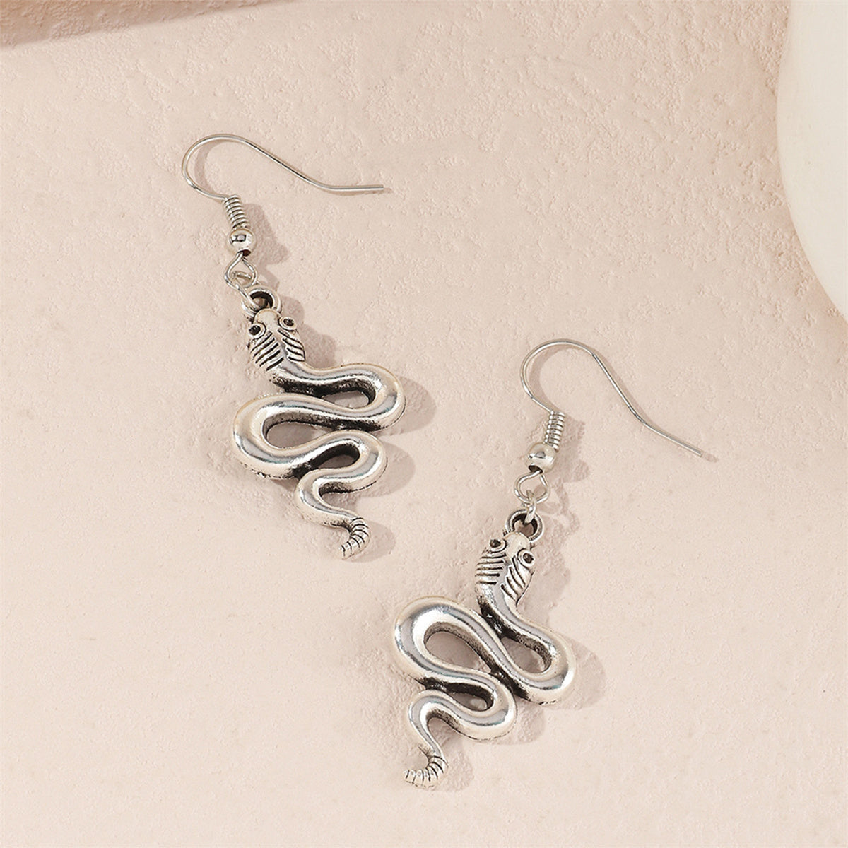 Silver-Plated Rattlesnake Drop Earrings, silver drop earrings for women, vintage-inspired design, detail close-up