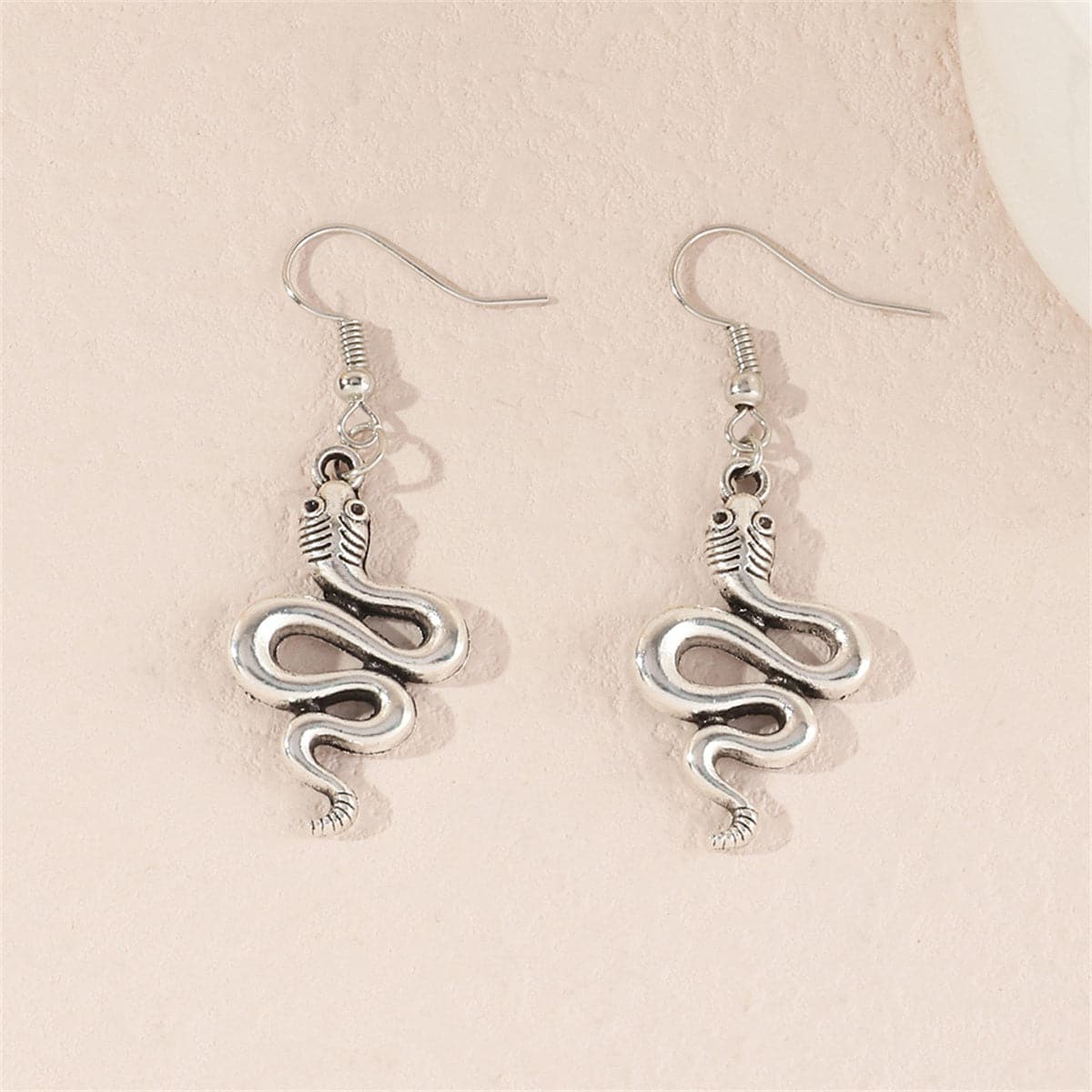 Silver-Plated Rattlesnake Drop Earrings, silver drop earrings for women, vintage-inspired design, front view