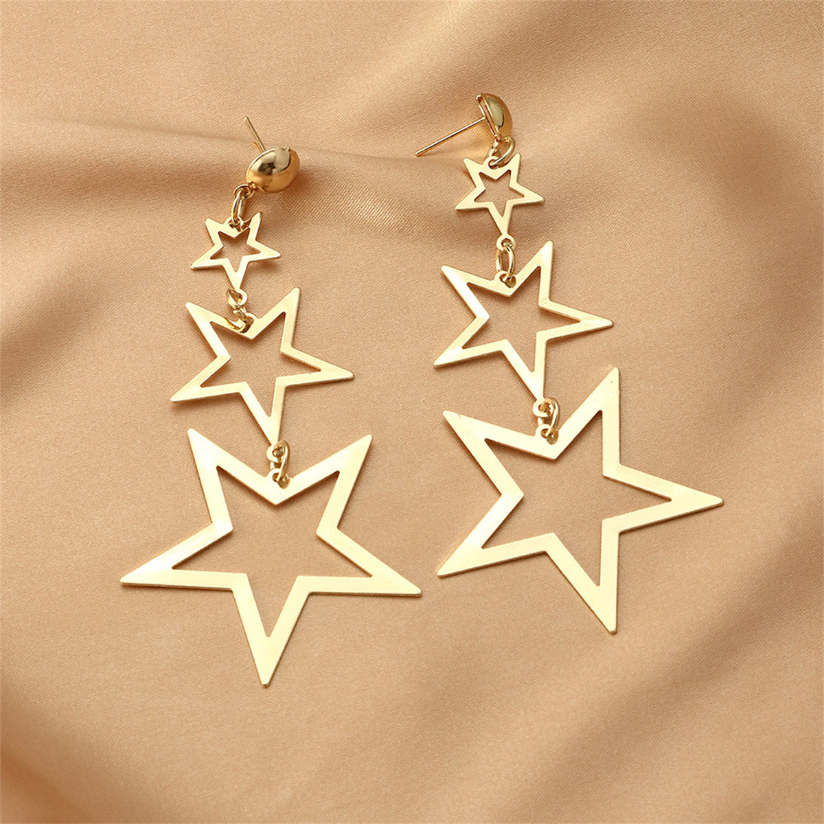 18K Gold-Plated Tri-Star Drop Earrings, gold drop earrings for women, everyday style, detail close-up
