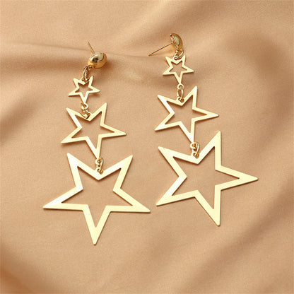 18K Gold-Plated Tri-Star Drop Earrings, gold drop earrings for women, everyday style, detail close-up