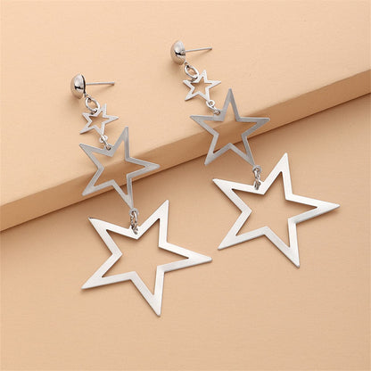 Silver-Plated Tri-Star Drop Earrings, silver drop earrings for women, botanical inspired, front view
