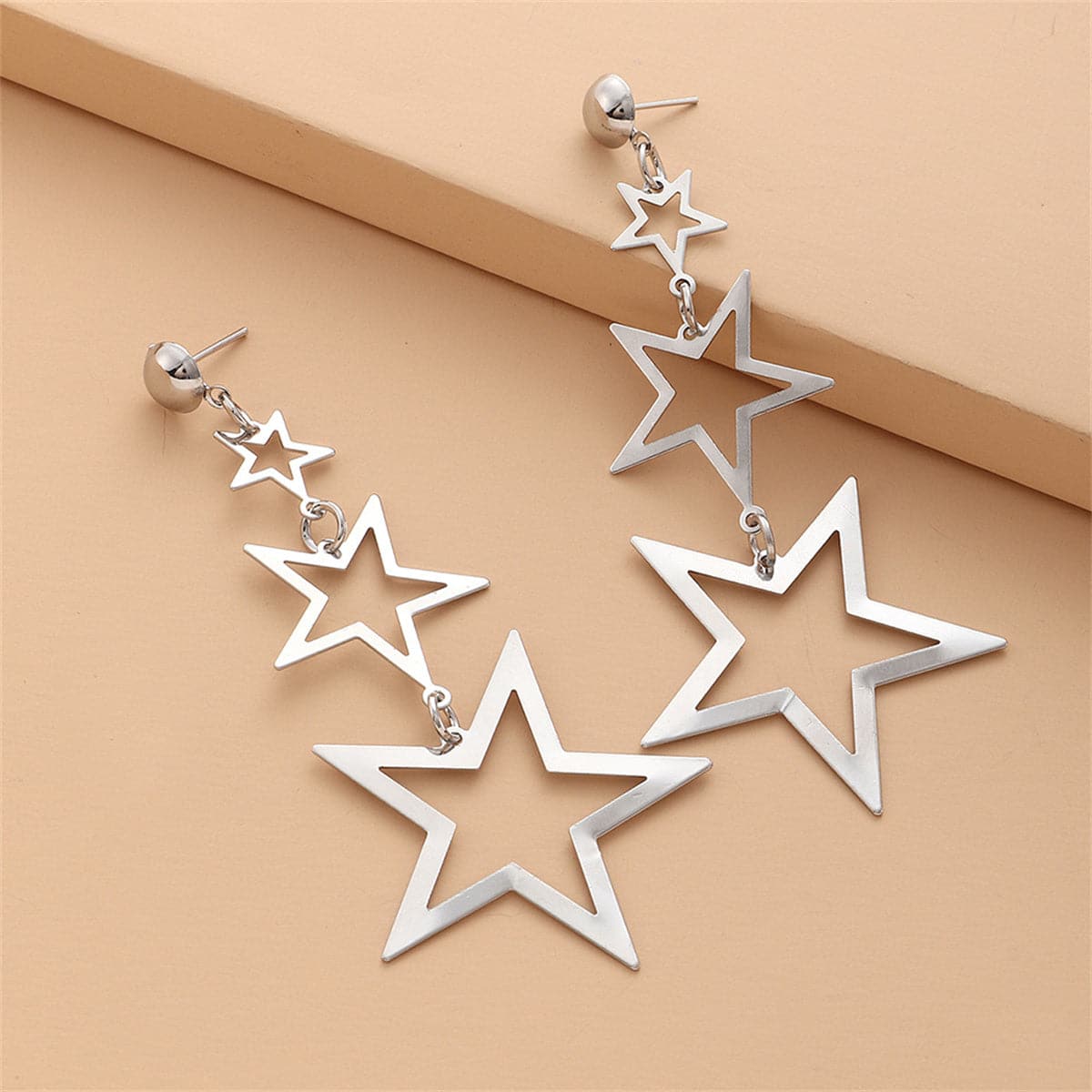 Silver-Plated Tri-Star Drop Earrings, silver drop earrings for women, botanical inspired, detail close-up