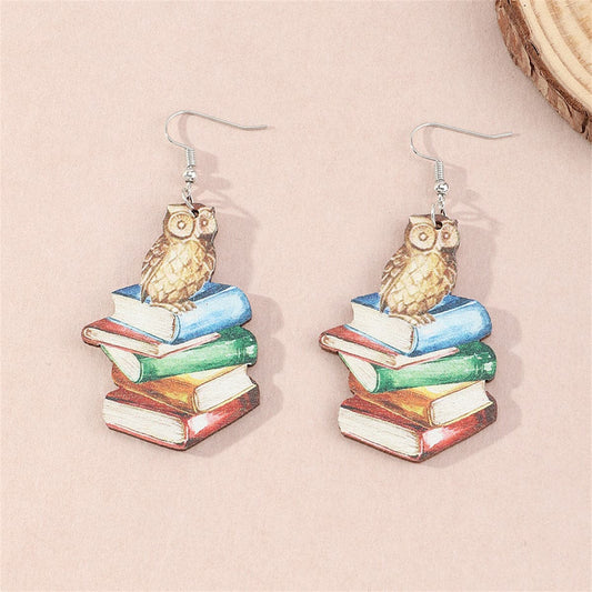 Vibrant Wood Watercolor Owl Book Drop Earrings, drop earrings for women, everyday style, front view