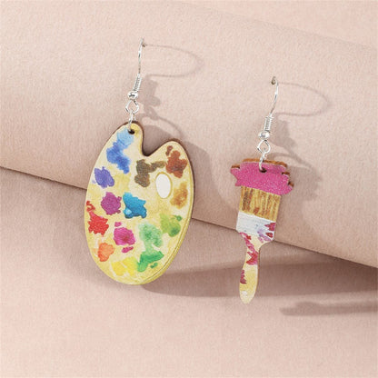 Vibrant Wood Palette Brush Mismatched Drop Earrings, drop earrings for women, vintage-inspired design, front view