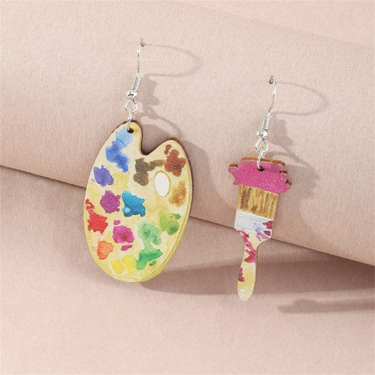Vibrant Wood Palette Brush Mismatched Drop Earrings, drop earrings for women, vintage-inspired design, front view